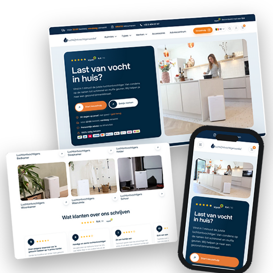 Homepage van Luchtontvochtigerwinkel.be op desktop en mobiel